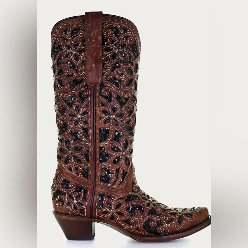 A4083g glitter INLAY FLORAL OVERLAY CRYSTALS & STUDS BROWN SNIP TOE COWBOY BOOT